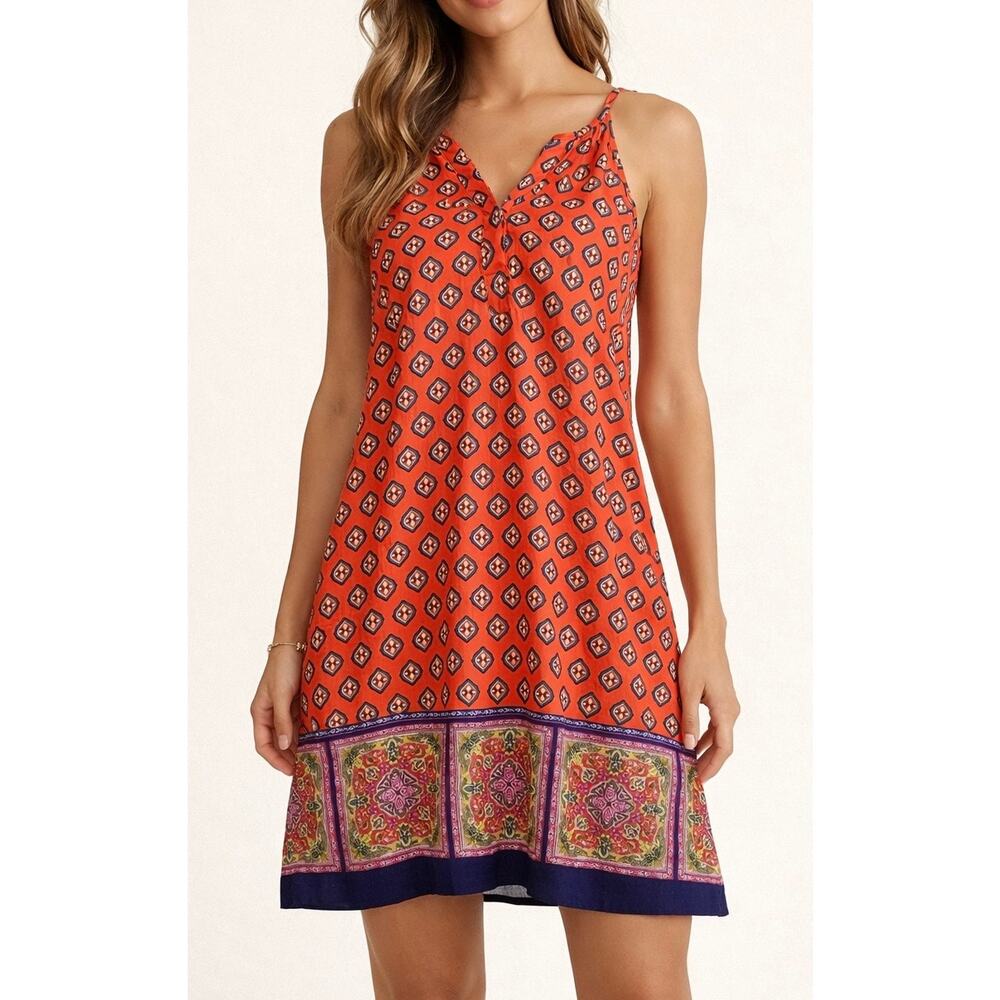 Skies Are Blue Boho Geometric Mini Dress - Orange/Coral - Size Small